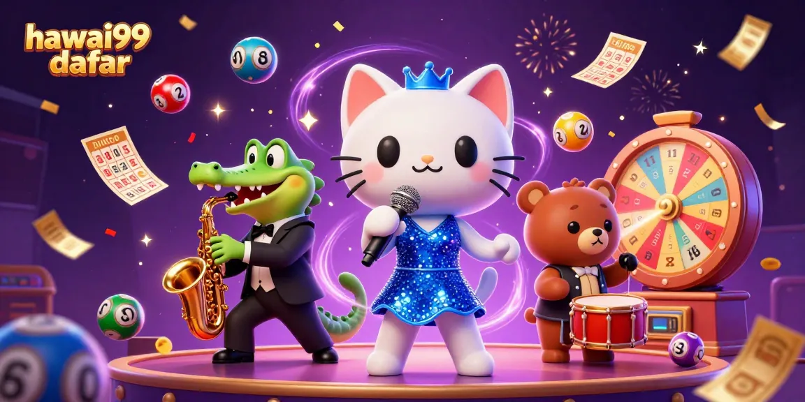 Play exciting games with hawai99 daftar at a vibrant casino stage featuring animated characters.
