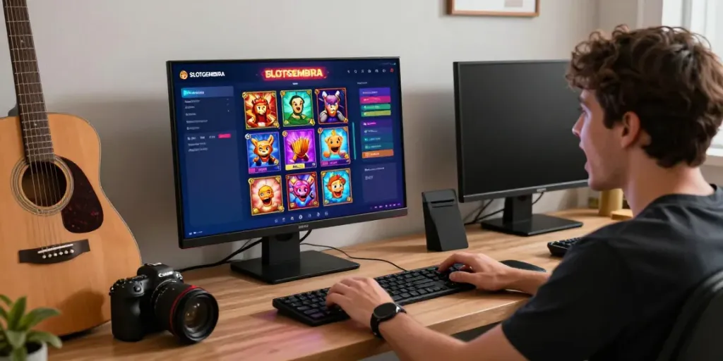 Engaged player exploring SLOTGEMBIRA platform in a cozy gaming setup.