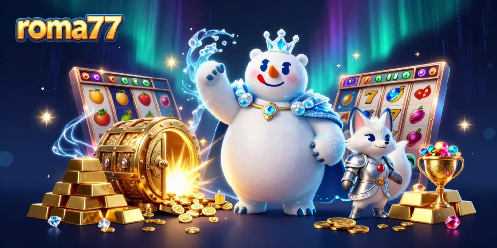 Memenangkan jackpot di roma77 dengan simbol slot bertumpuk dan magnet emas yang bercahaya.