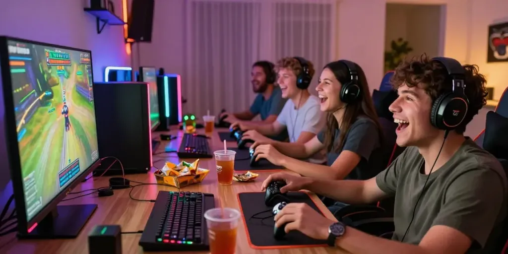 Pengalaman bermain natunatoto dengan teman, suasana ceria dan aksesori gaming modern.