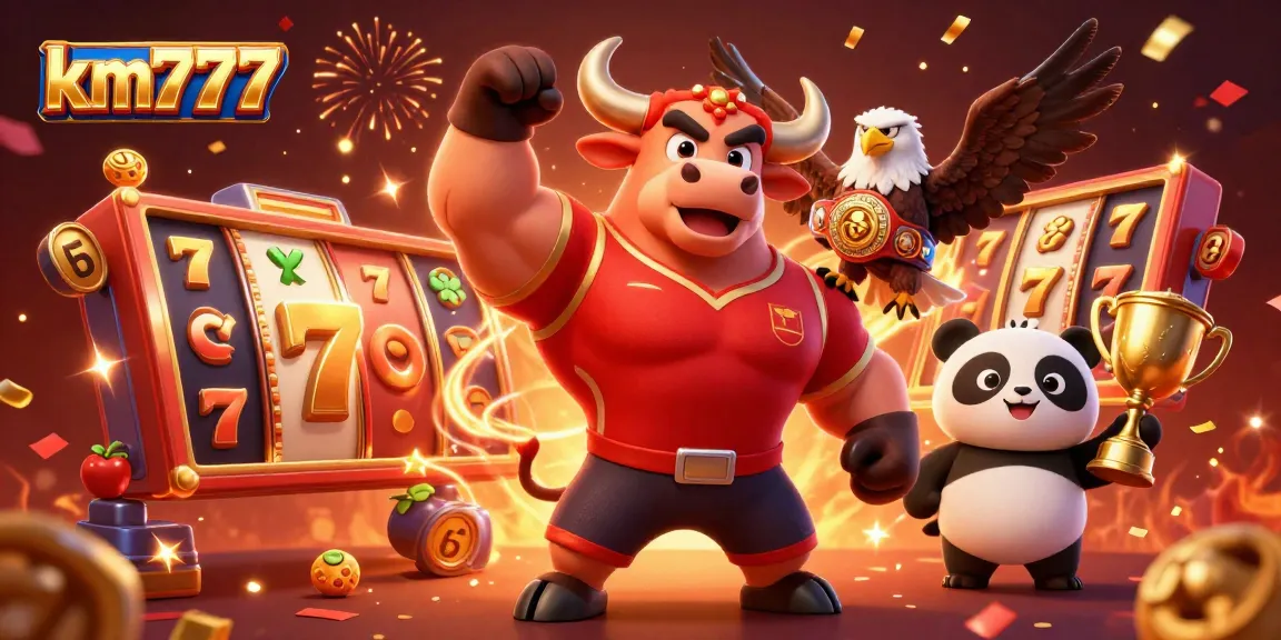 Experience excitement with km777 as a bull, eagle, and panda celebrate slot wins in a vibrant scene.