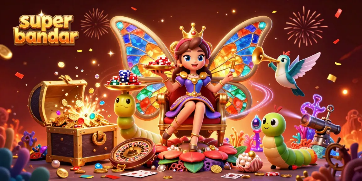 Ilustrasi super bandar menggambarkan ratu kupu-kupu 3D di kasino dengan keripik dan kartu dimainkan.