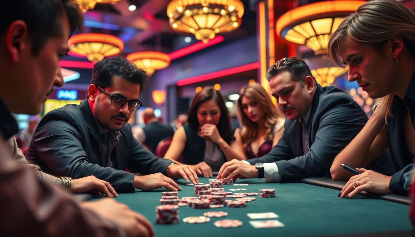 Permainan poker mendebarkan di casino dentoto dengan lampu neon yang cerah.