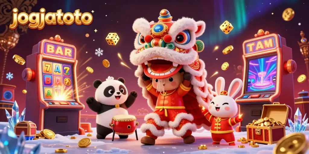 Engage with jogjatoto's vibrant casino celebration featuring characters in a lively lion dance.