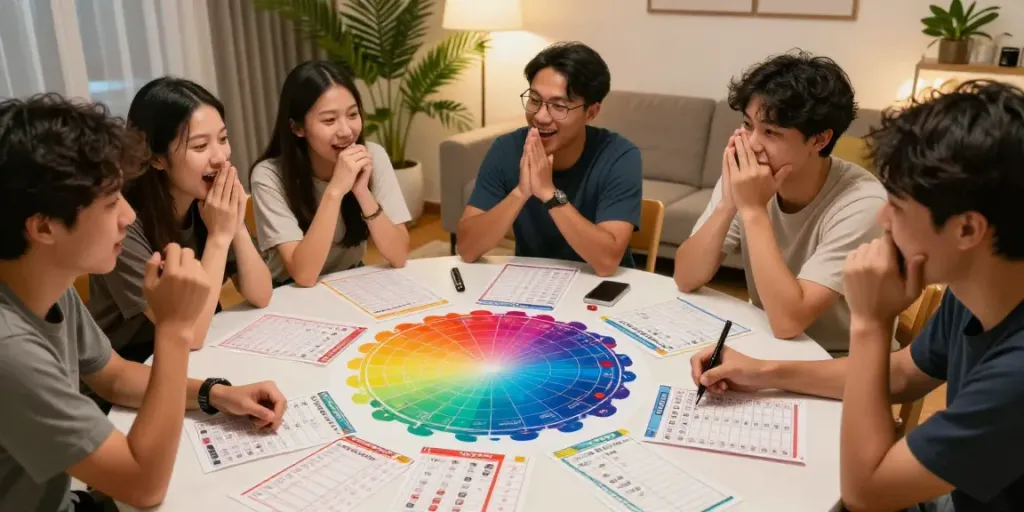 Diskusi antusias pemain togel di ruang tamu, strategi dan angka togel, bukumimpi138.