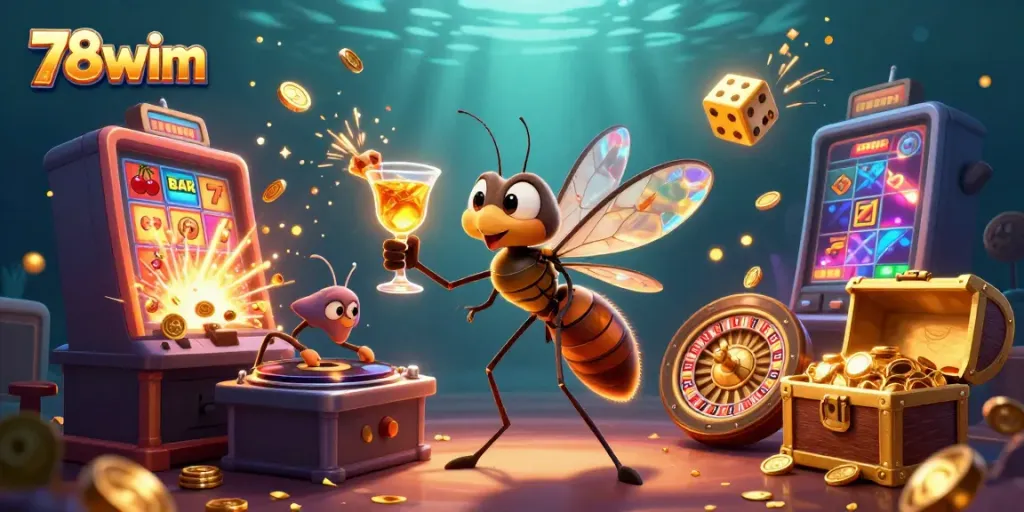 Experience thrilling action with 78wim's vibrant casino scene featuring a frozen mosquito mascot and a trilobite DJ.