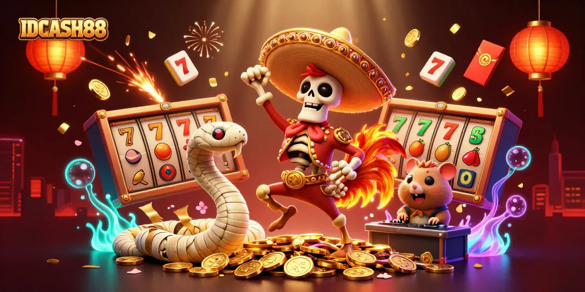 Play exhilarating slots at IDCASH88 with a lively scene showcasing colorful characters celebrating winnings.