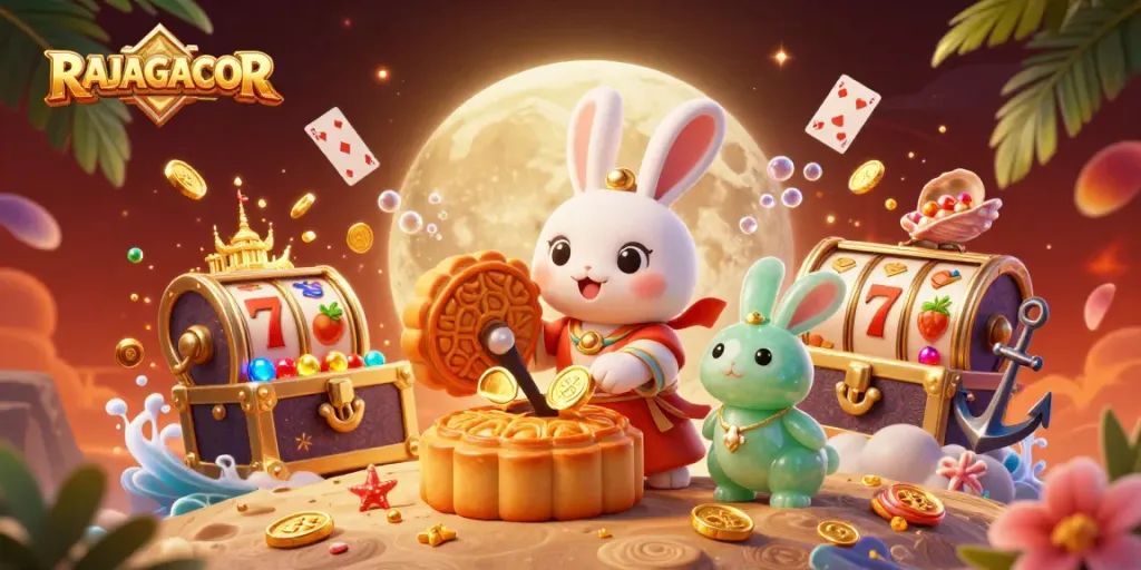 RAJAGACOR menghadirkan ilustrasi mengasyikkan dengan kelinci bulan interaktif di lunar, dengan elemen slot bersinar.