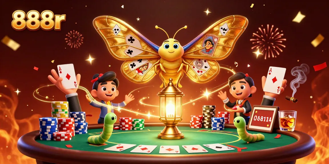 Experience the thrill of gambling with 888r, featuring vibrant casino scenes and a majestic atlas moth.