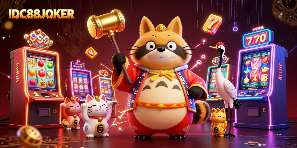 Play with excitement at IDC88JOKER, where colorful slot machines and vibrant characters create a thrilling atmosphere.