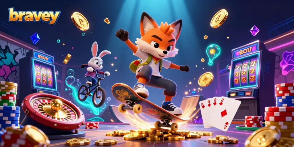 bravey showcases a thrilling gambling scene with vibrant casino elements and lively characters in action