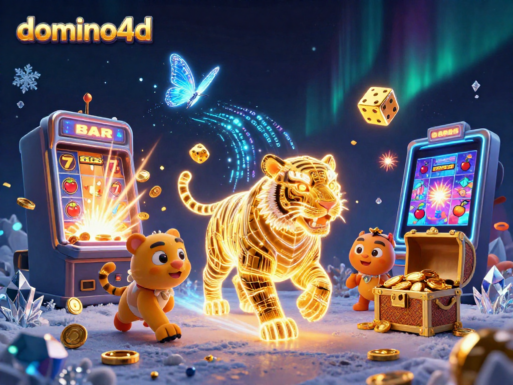 Memenangkan jackpot di domino4d dengan mesin slot berkilau dan simbol keberuntungan yang menari