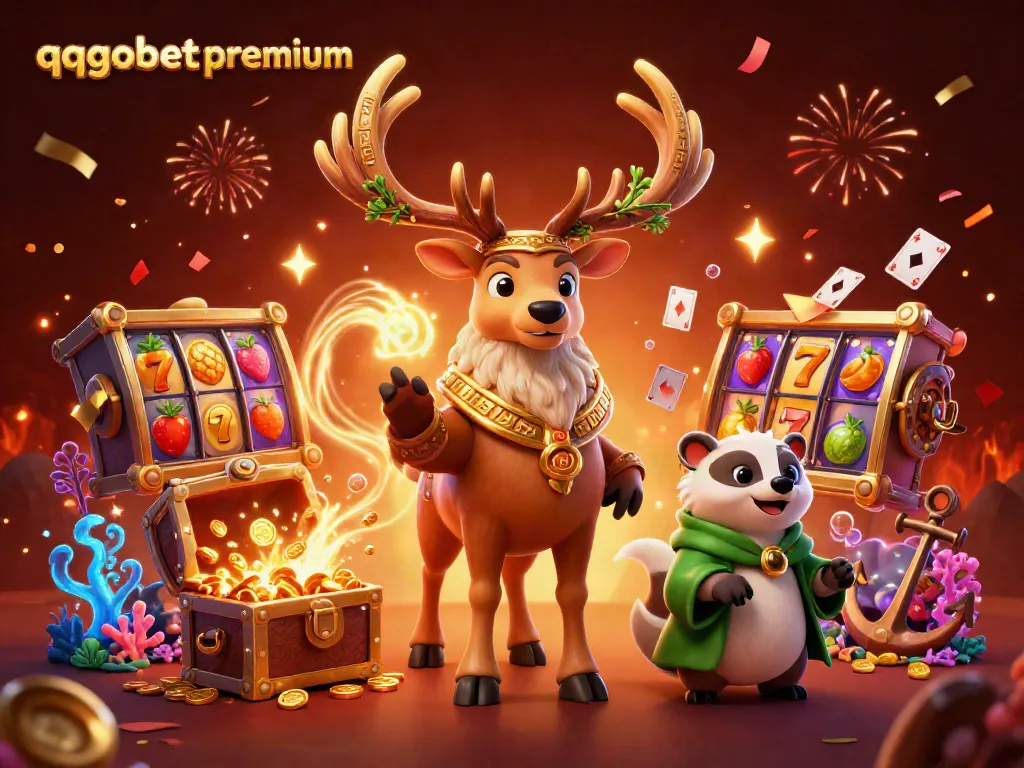 Experience the magic of qqgobetpremium with captivating casino characters amidst vibrant slot game elements.