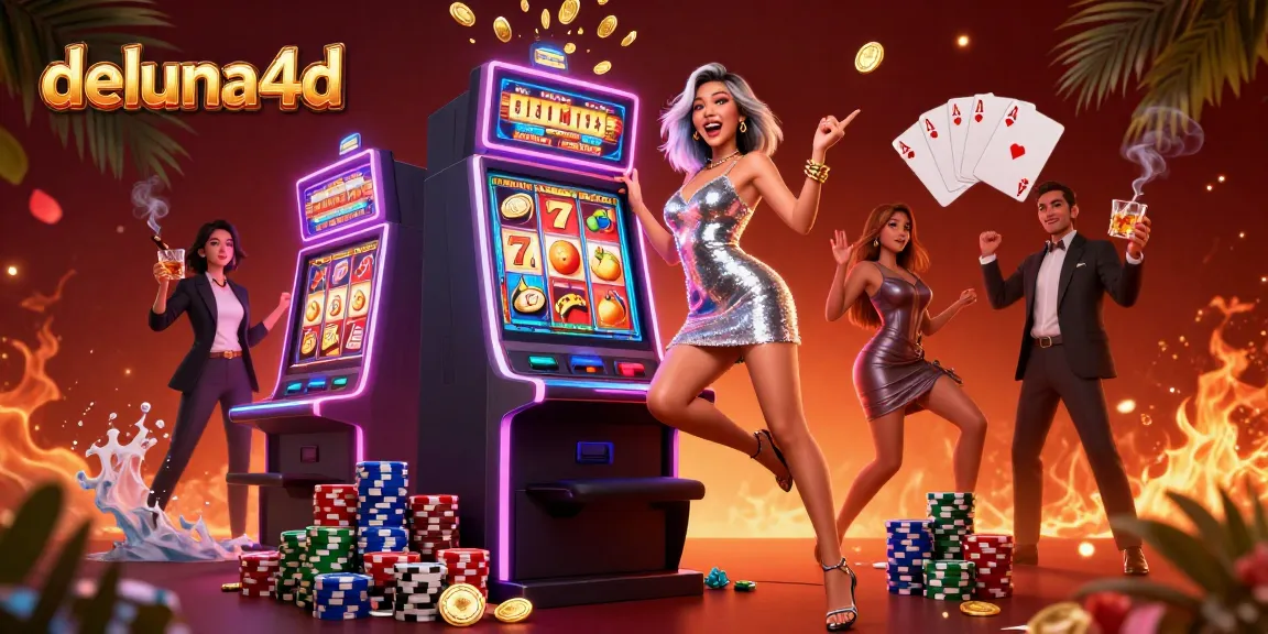 Spin the jackpot with deluna4d's vibrant casino slot scene featuring a celebratory player.