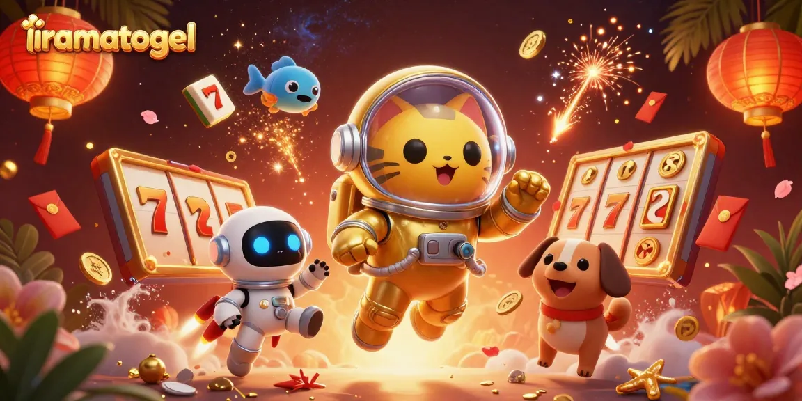 Ilustrasi 3D iramatogel dengan kucing astronaut dan elemen keberuntungan yang kaya warna.