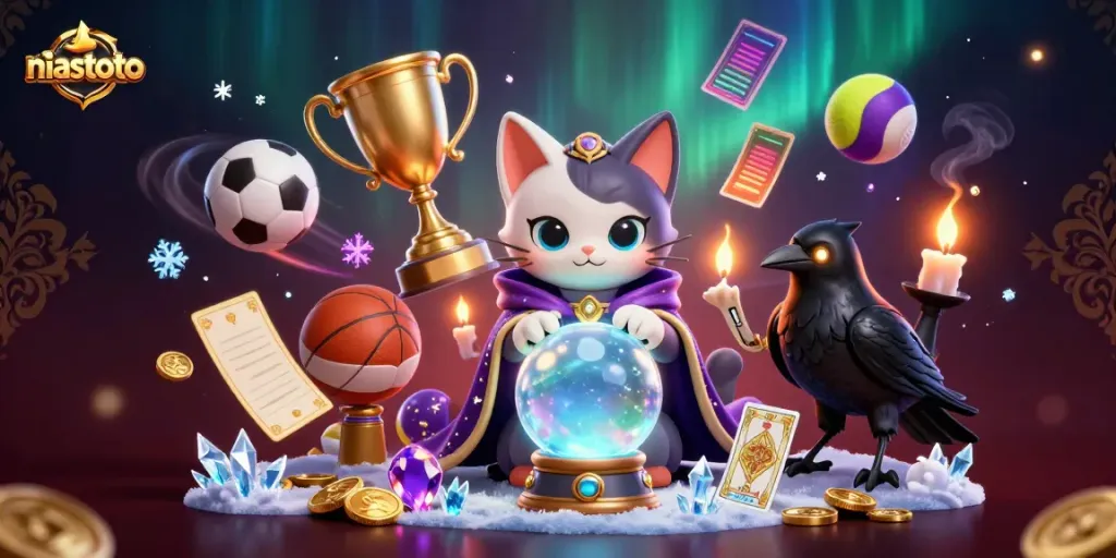 Engage with niastoto's thrilling universe through a vibrant casino-themed illustration featuring mythic characters.