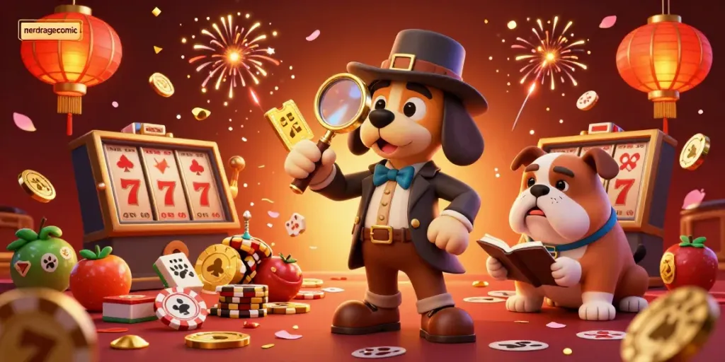 Gambar komik nerdragecomic menampilkan detektif anjing darah 3D di kasino dengan elemen permainan, seperti chip poker dan gulungan slot.