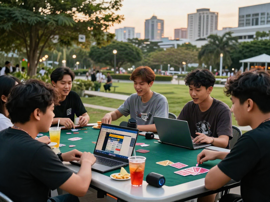 Teman bermain bandar togel online di taman kota, suasana ceria dan santai.