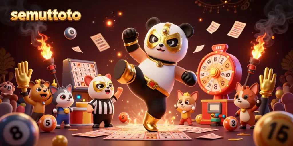 Semuttoto menghadirkan suasana lotere yang meriah dengan panda pegulat dan cabai sebagai juri.