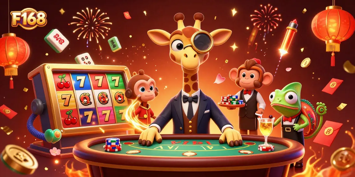 Experience thrilling action at F168 with a high-roller giraffe at the poker table and festive gaming elements.