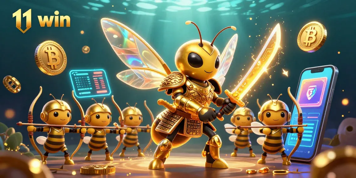 Experience 11 win excitement with a crypto casino scene where golden hornets wield katanas amidst vibrant game elements.