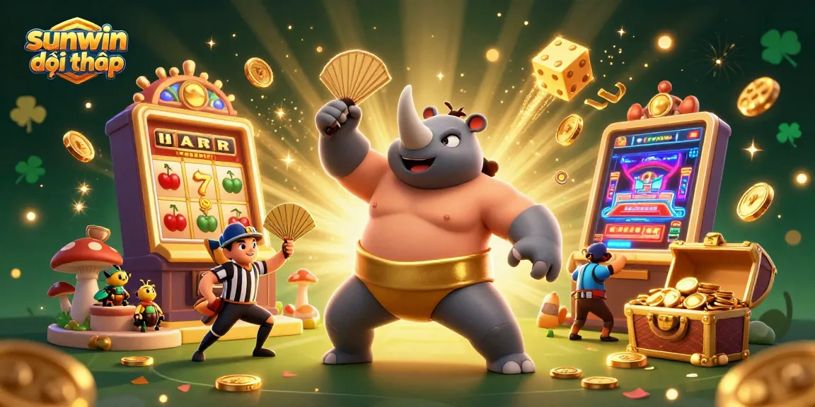 Experience sunwin đổi thưởng with a lively 3D illustration showcasing vibrant slot machine action.