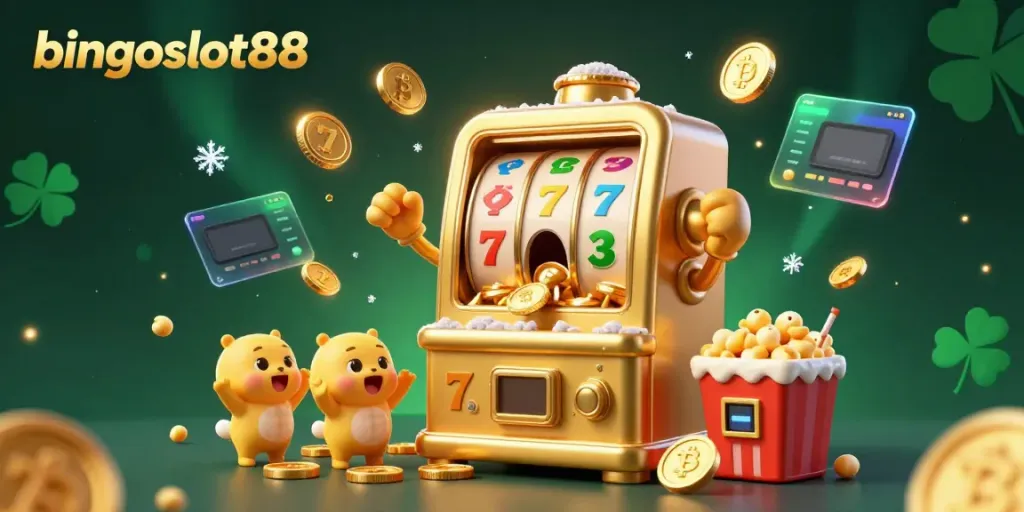 Bermain bingoslot88 seru dengan mesin slot kartun emas dan koin berkilauan yang menciptakan suasana kemenangan.