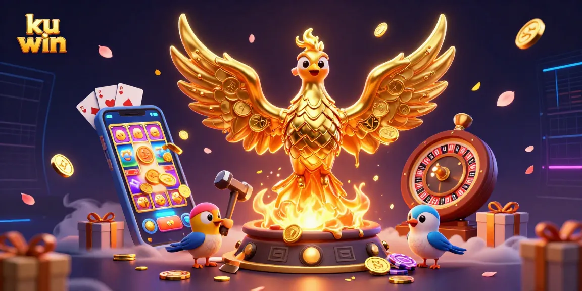 ku win online casino vibrant illustration with golden phoenix and slot games