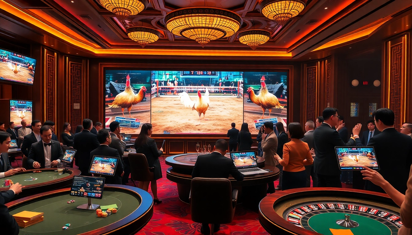 Engage in WALA88 đá gà action with a lively casino backdrop showcasing exciting live cockfighting.