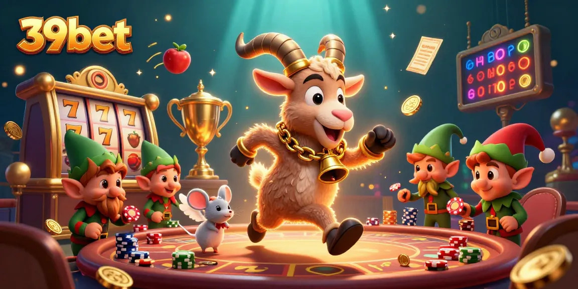 39bet showcases a lively casino scene with festive characters engaging in gambling action.
