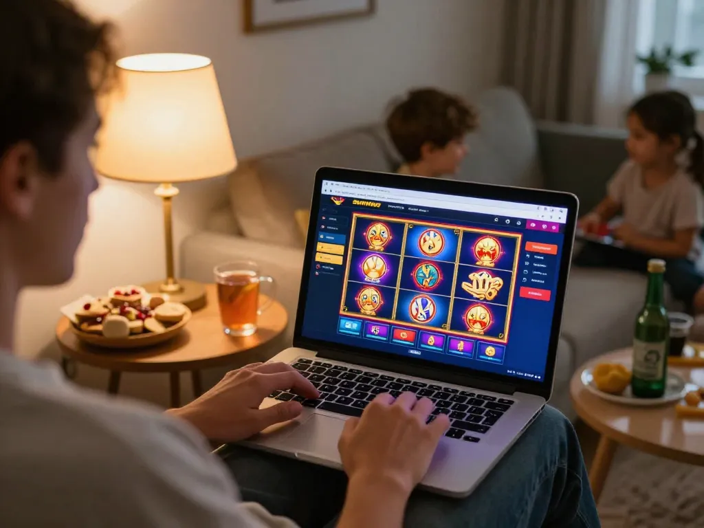 Engaging gameplay on Sunwin casino platform with a person using a laptop in a cozy home setting.