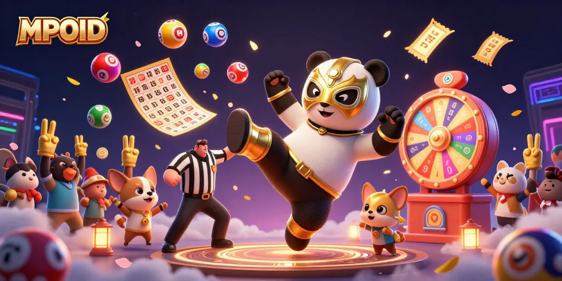 MPOID showcases an electrifying bingo scene with a wrestling panda and vibrant game elements.