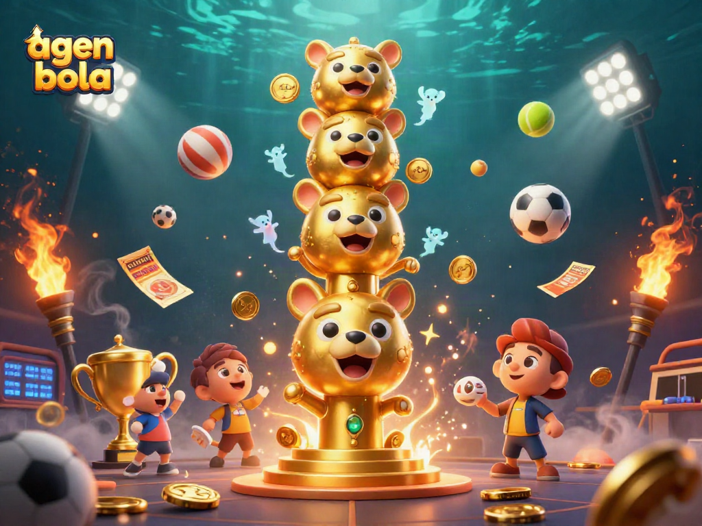 Menang taruhan agen bola dengan totem emas unik dan bola olahraga dinamis dalam ilustrasi 3D.