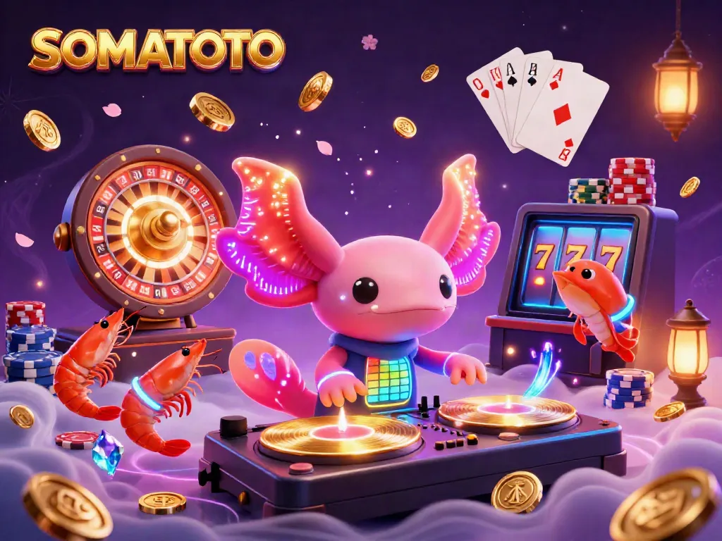 SOMATOTO brings a vibrant casino scene alive with a neon axolotl DJ, dancing shrimp, and glowing invites.