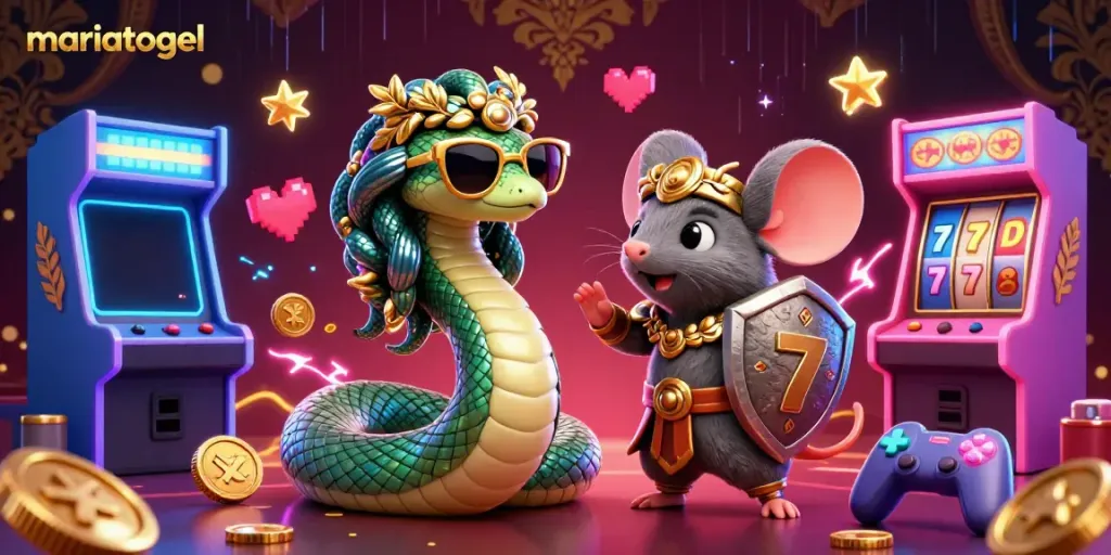 Experience fun with mariatogel featuring Medusa and a warrior mouse in a lively 3D gaming scene.