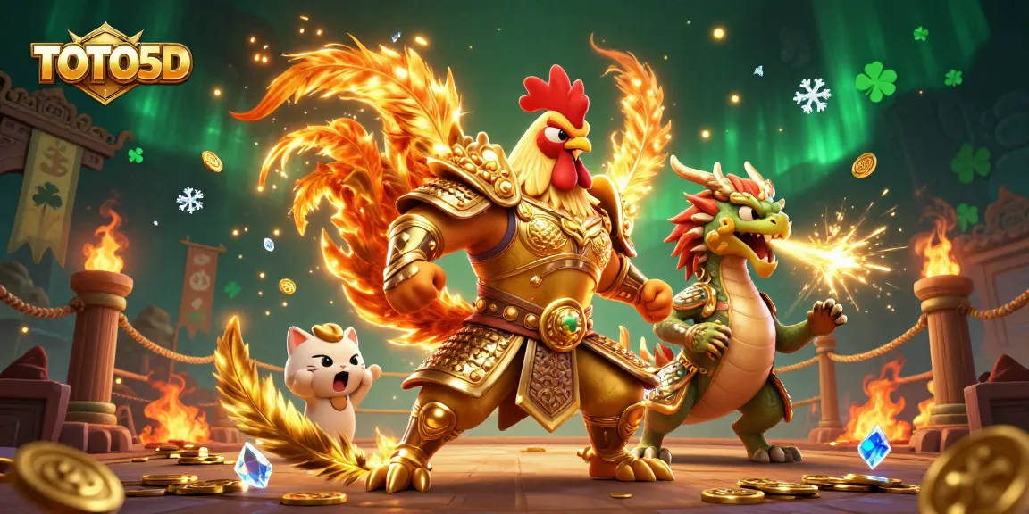 TOTO5D: Kämpfende Hähne in goldenem Samurai-Rüstungsdesign, die das Wettvergnügen steigern.