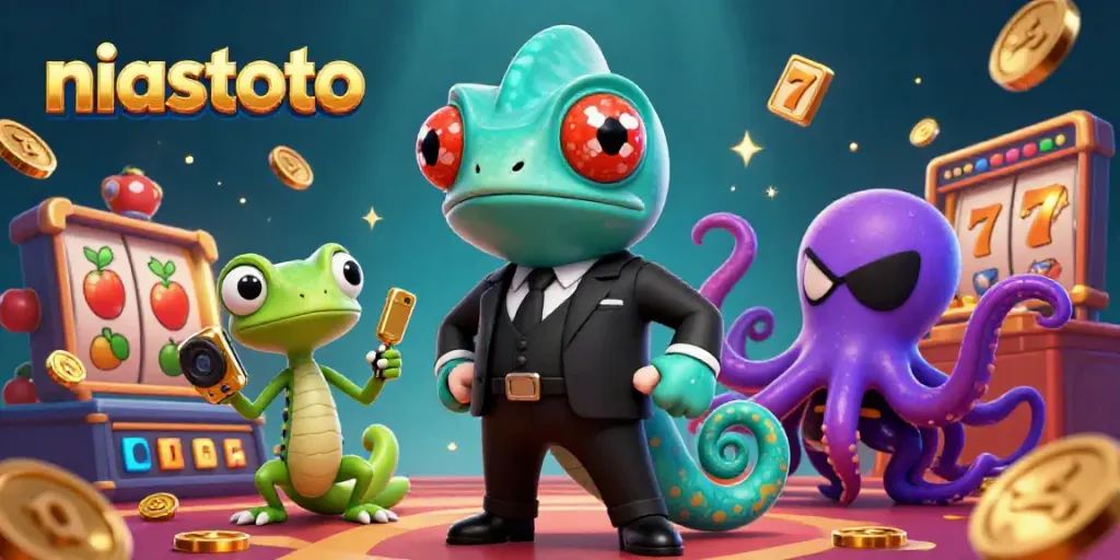 Ilustrasi kartun 3D niastoto menampilkan chameleon agen rahasia dan gecko dengan gadget emas bermain mesin slot.