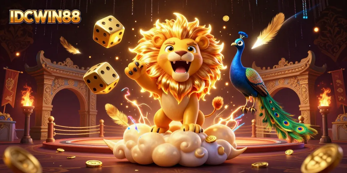 Spin to win on IDCWIN88 with the vibrant scene of a roaring lion, cosmic dice, and lavish gaming elements.