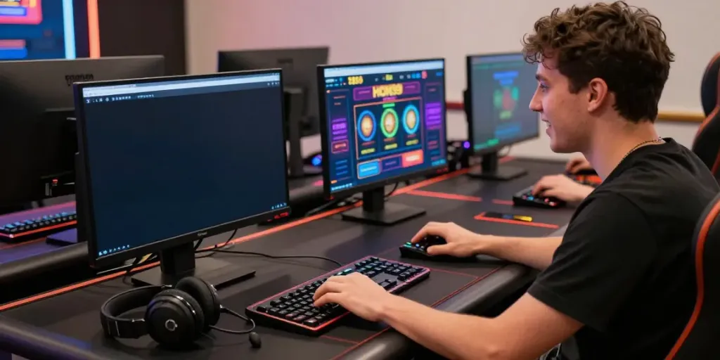 Pengguna HOKI99 bermain di meja gaming modern dengan antusiasme tinggi.
