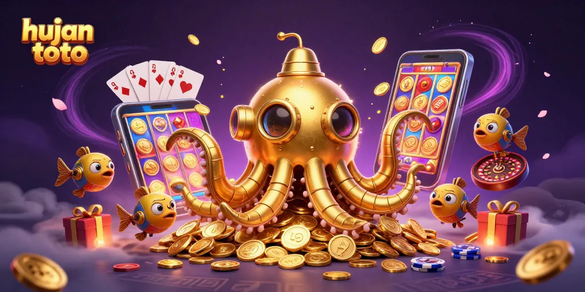 Experience hujan toto with vibrant slot games and treasures amidst golden coins and a kraken submarine.