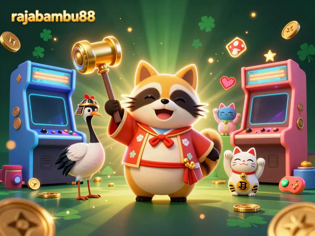 Permainan slot seru di rajabambu88, dikelilingi kucing keberuntungan dan perangkat game klasik.