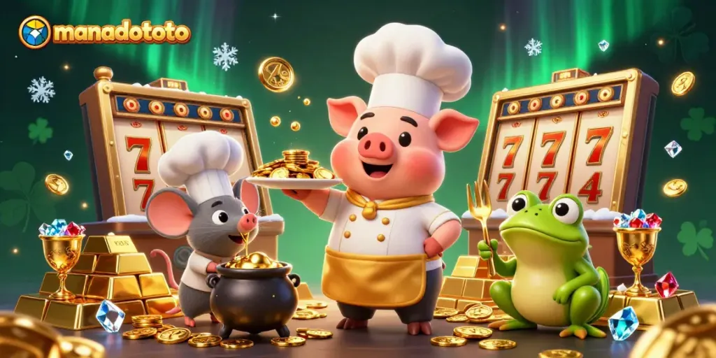 Engage with manadototo's slot games featuring gold coins amidst vibrant casino scenes.