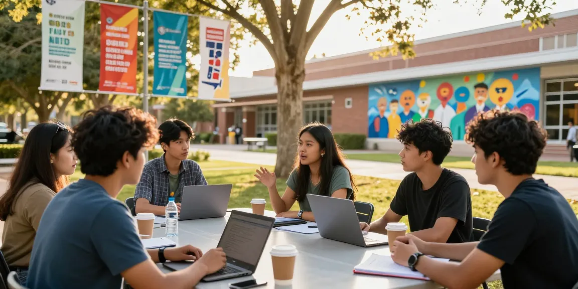 Students discussing communication strategies outside, highlighting slot gacor in an educational setting.