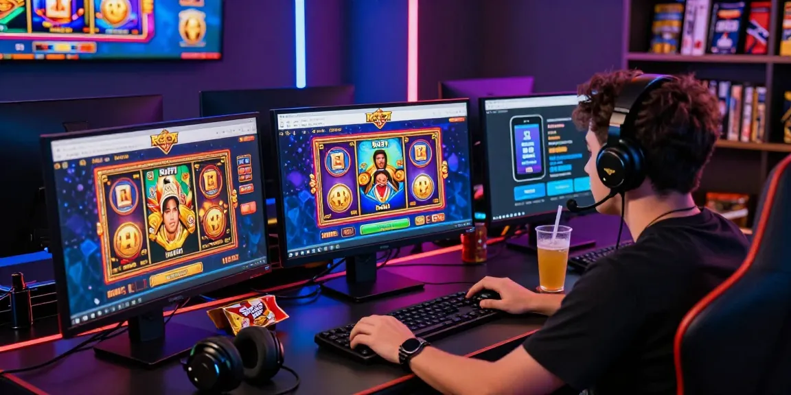 Engaged user on situs slot raffi ahmad's vibrant online gaming platform, colorful slot reels and gaming atmosphere.