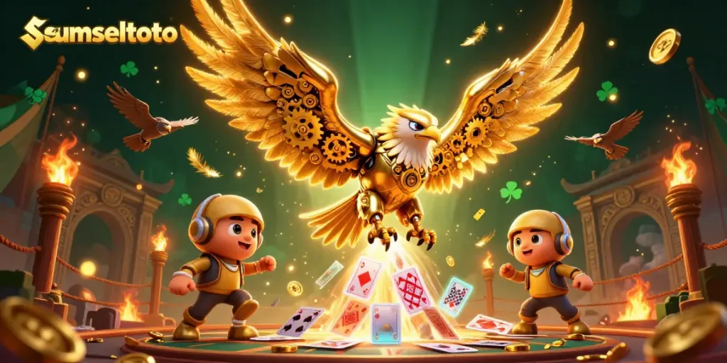 Place bets in the thrilling world of sumseltoto with cascading holographic cards and gold coins.