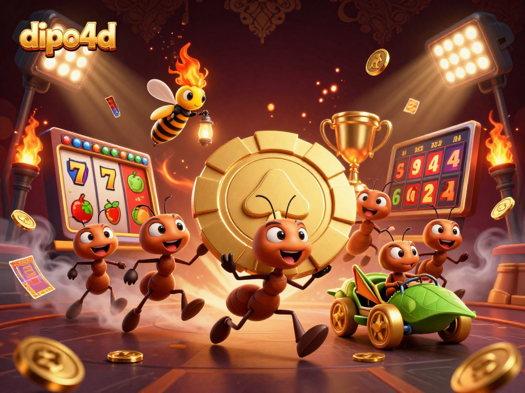 DIPO4D illustrates 3D ants heisting a golden poker chip, showcasing vibrant slot game elements.