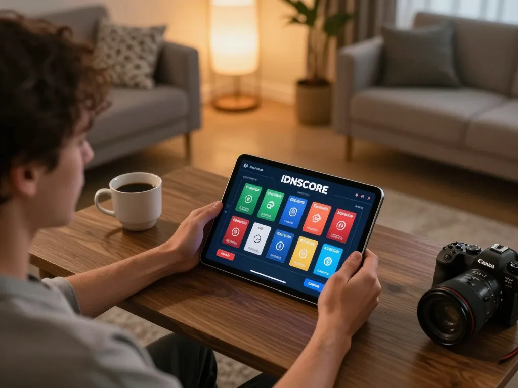 IDNSCORE gameplay on tablet during a relaxed home gaming session with strategic notes visible.