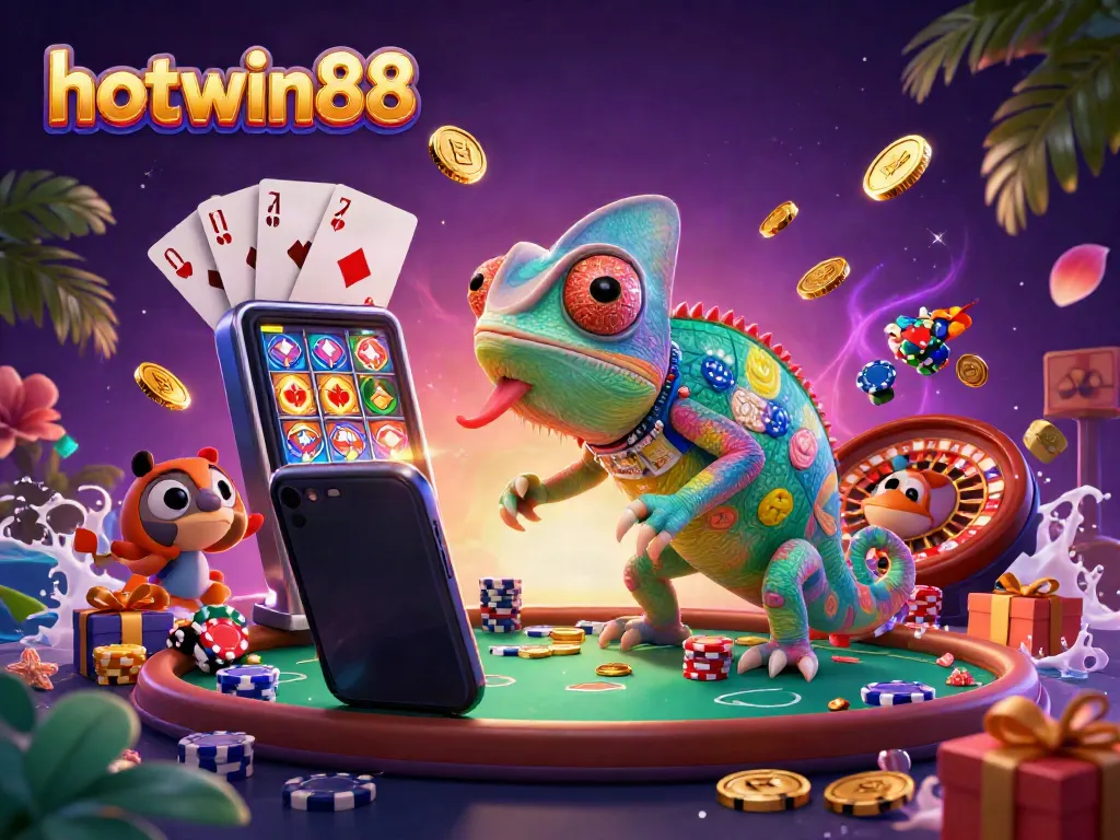 Experience the thrill at hotwin88 with a vibrant 3D illustration featuring a dynamic chameleon casino owner amidst gaming elements.
