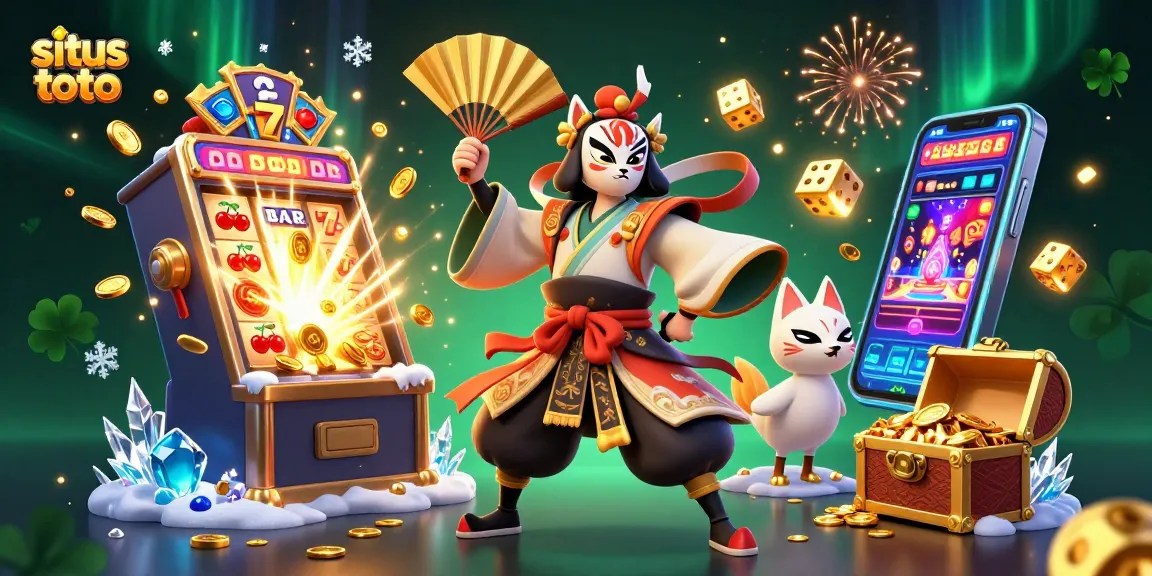 Menangkan permainan situs toto dengan slot mesin bernilai tinggi dan karakter tradisional dalam ilustrasi berwarna-warni.