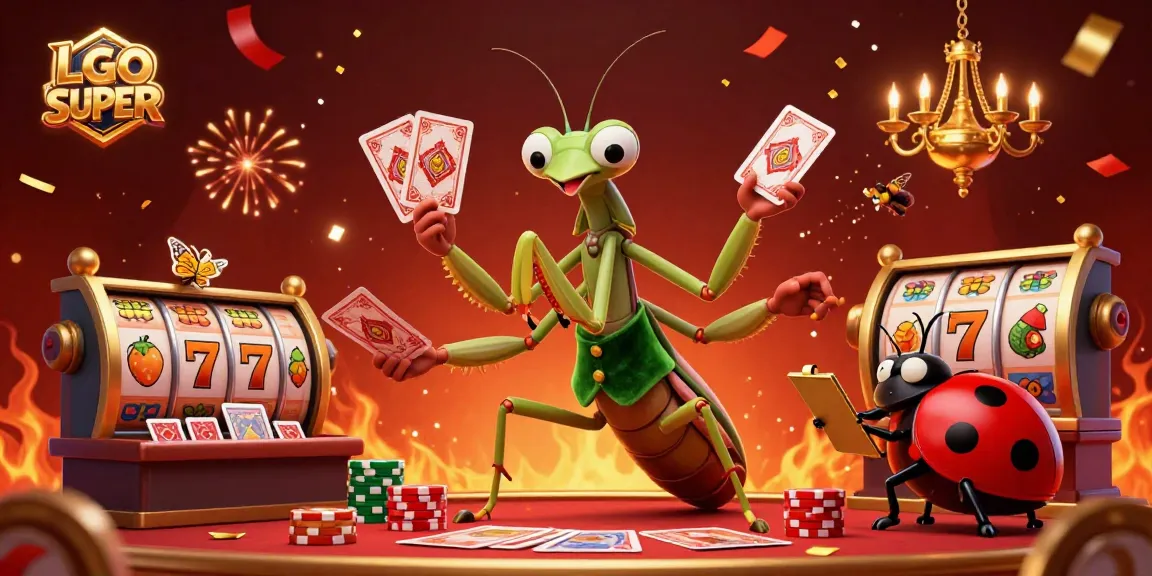 Experience excitement and fun with LGOSUPER's vibrant casino scene featuring a praying mantis card sharp and slot reels.